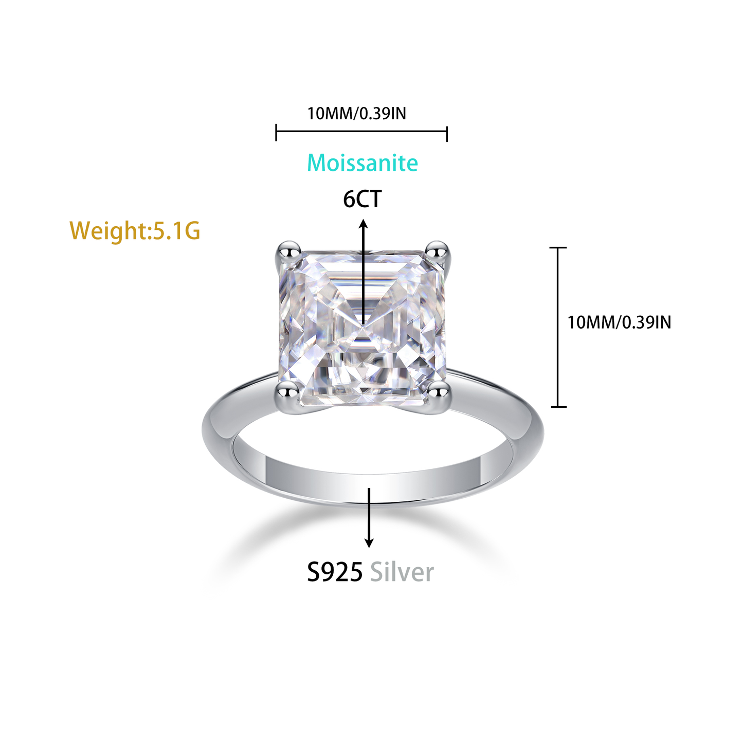 Dreamland  Moissanite 6.0 Ct Square Cushion Cut Ring