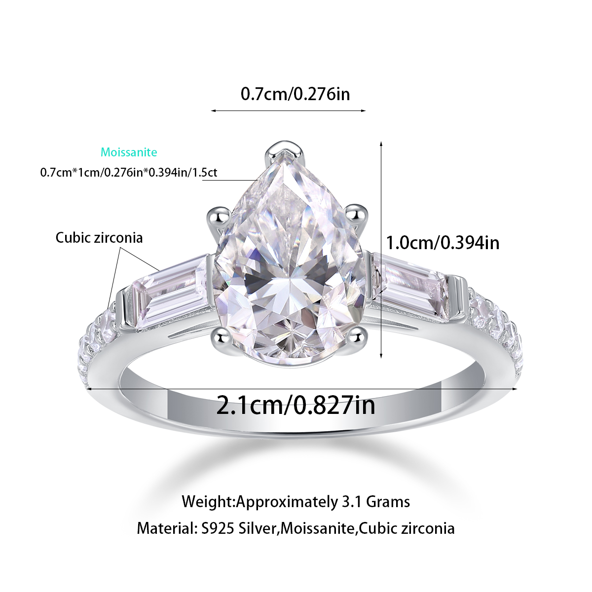 Moonlight Moissanite 1.5 Ct Pear Cut Ring