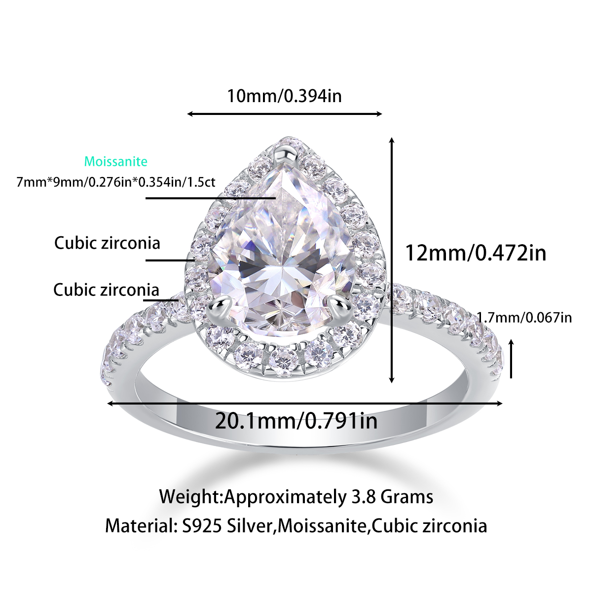 Electric Shock Moissanite 1.5 Ct Pear Cut Ring